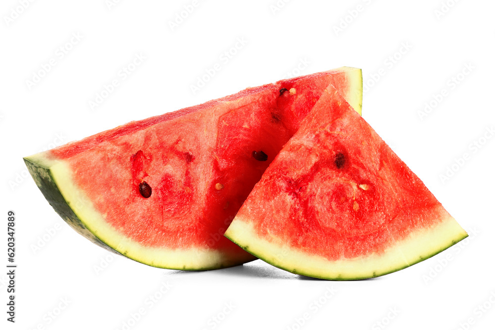 Pieces of fresh watermelon on white background