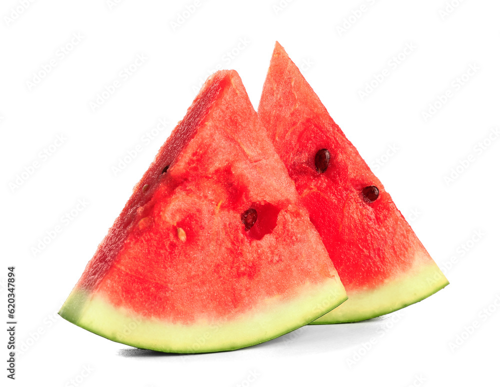 Pieces of fresh watermelon on white background