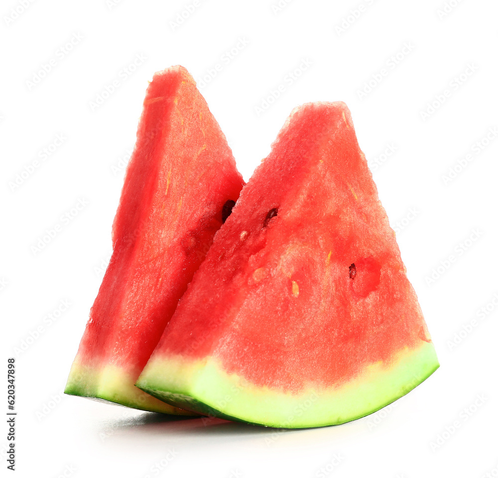 Pieces of fresh watermelon on white background