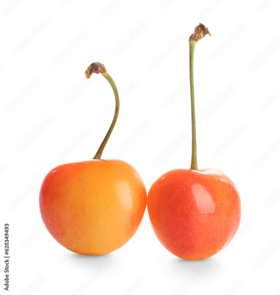 Sweet yellow cherries on white background