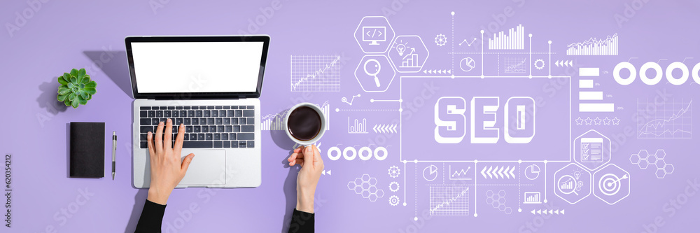 SEO - Search Engine Optimization theme with person using a laptop computer