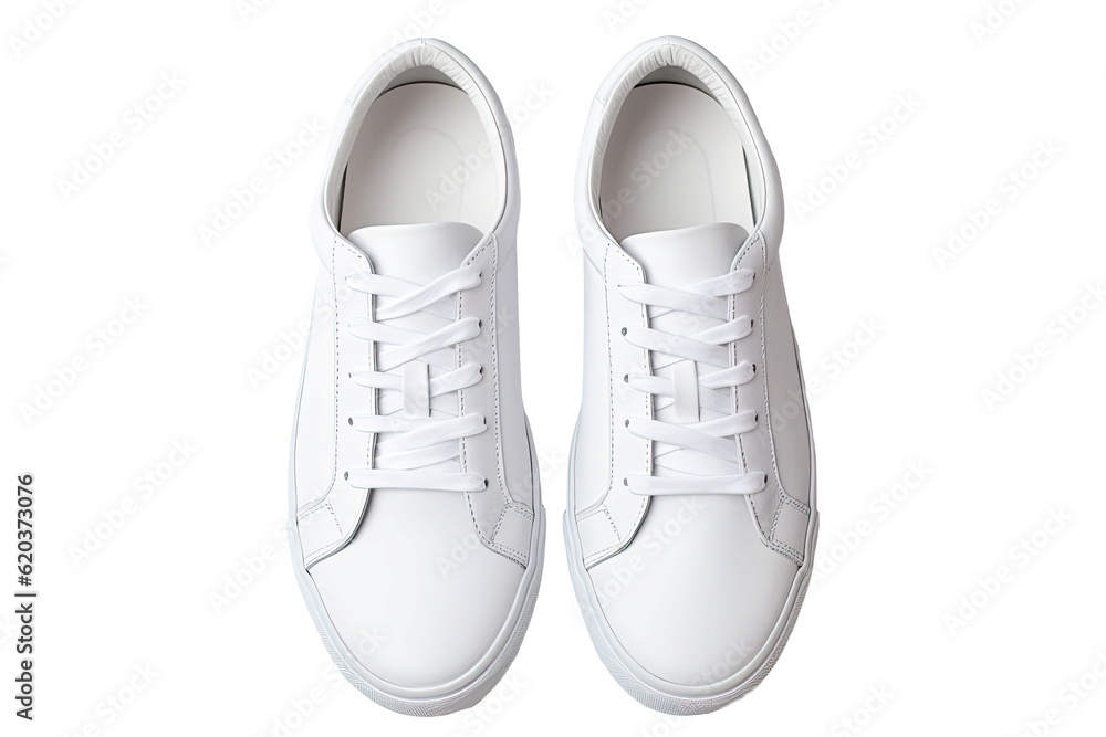 Top-down view of a stylish pair of fashionable sneakers resting on a plain transparent background.