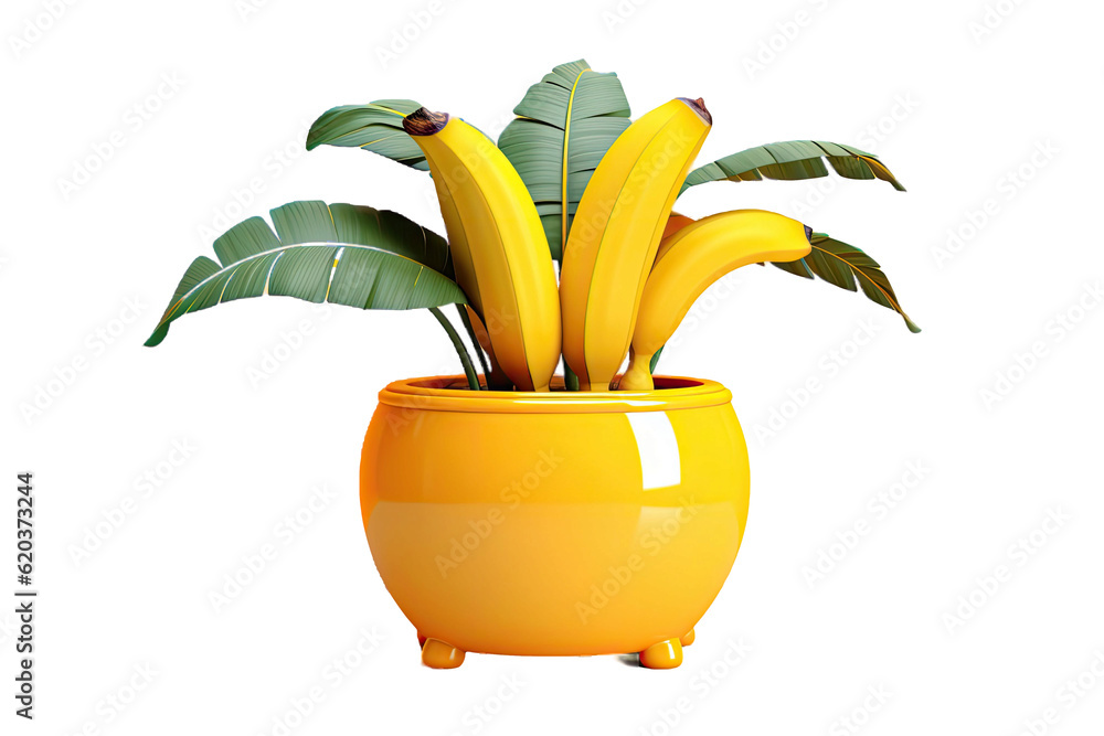 3D illustration of a banana plant in a pot, separated from its surroundings, on a transparent backgr