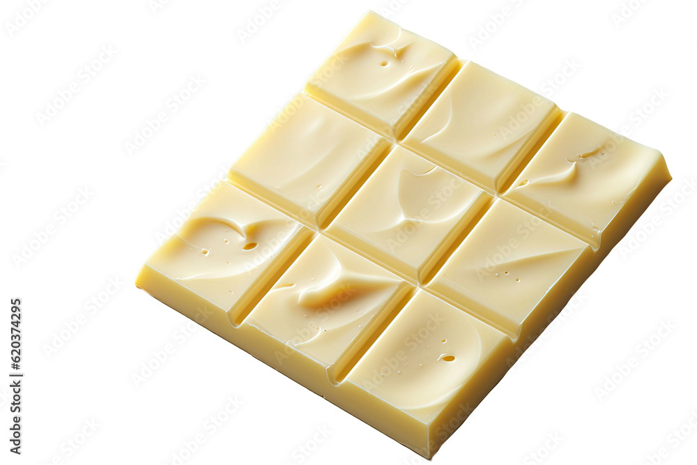 A white chocolate bar containing chunks, placed alone on a transparent background. Seen from above, 