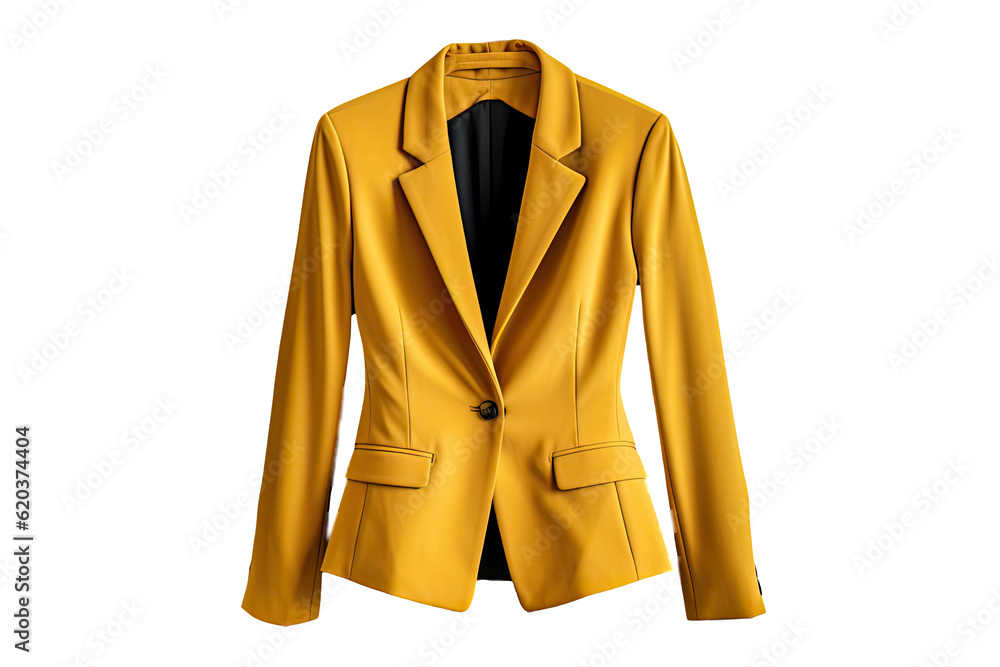 A yellow blazer for women, placed on a hanger and isolated against a transparent background.