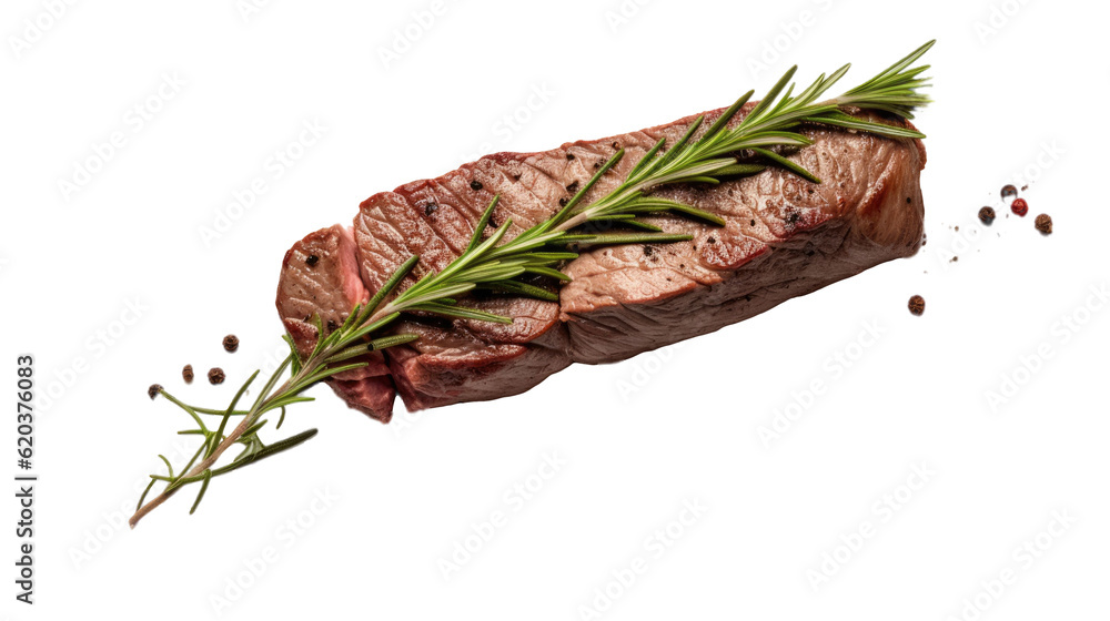 A medium rare beef steak with rosemary leaf is shown alone on a transparent background. A 3d visual 