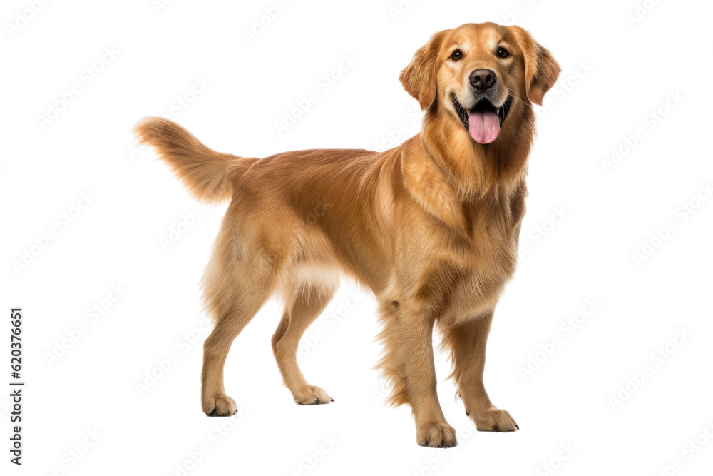 A golden retriever dog is extending its paw to the side while standing alone on a transparent backgr