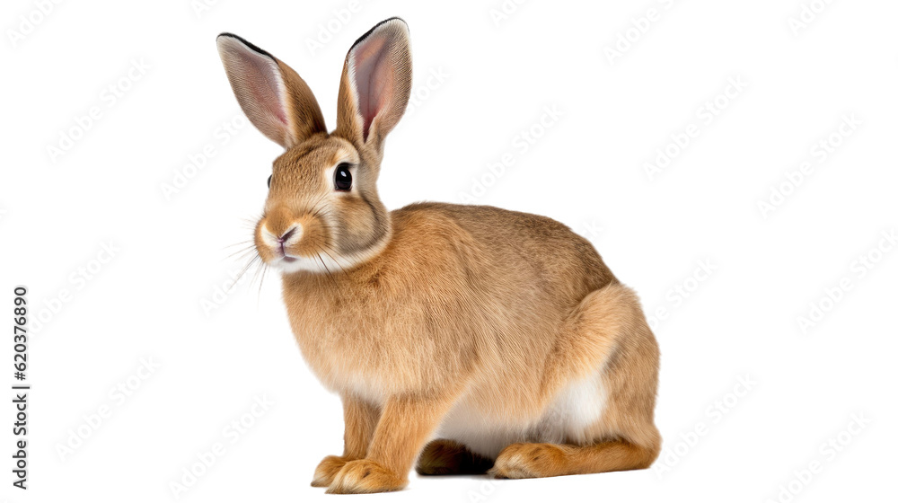 Studio picture of a fawn-colored Flemish Giant rabbit seated on a transparent background.