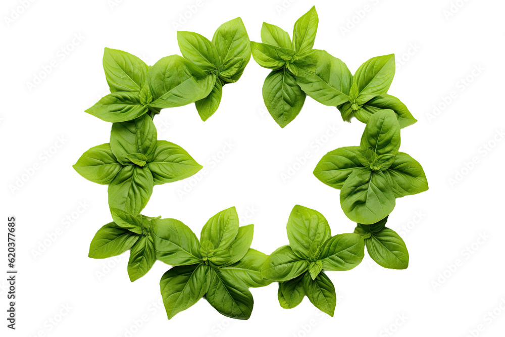 Basil leaves are separated from their surroundings, placed on a transparent background. The perspect