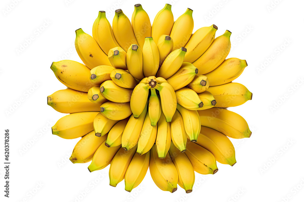 A cluster of bananas is separated from its background, appearing on a plain transparent background. 