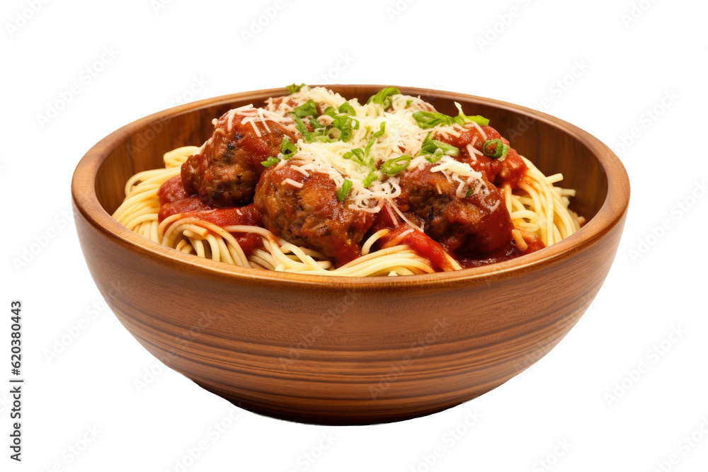 Italian spaghetti with meatballs, parmesan cheese, and tomato sauce served in a clay bowl. Homemade 