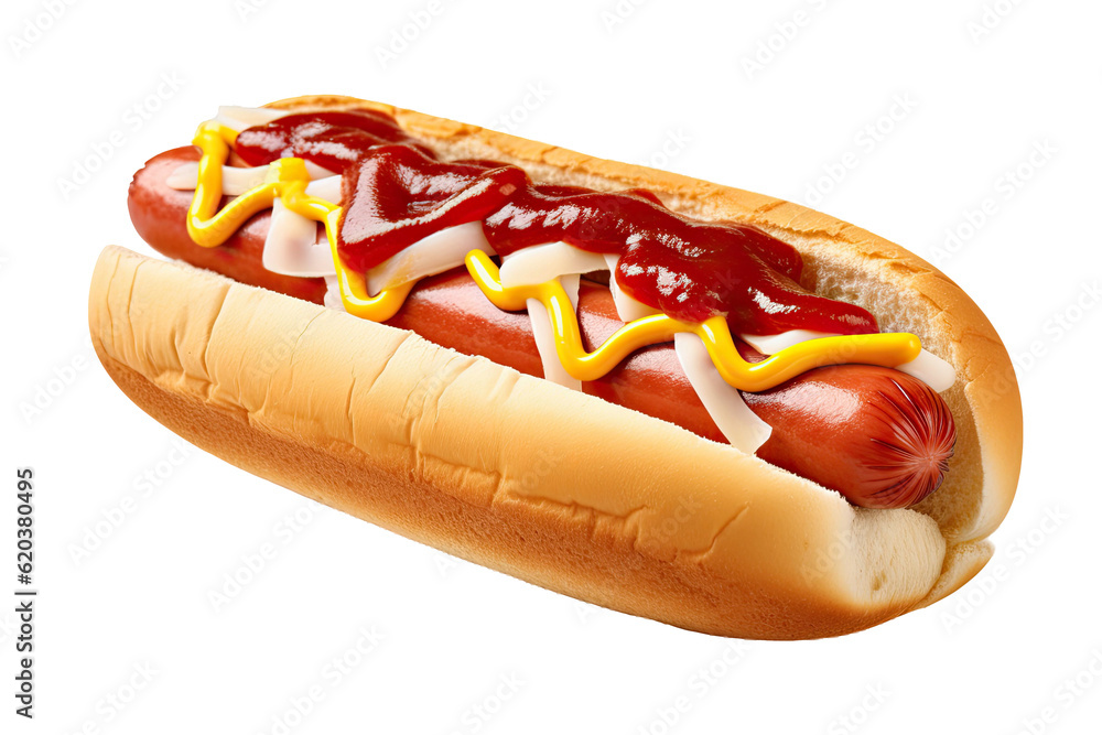 Hot dog topped with ketchup and mustard on a white bun.