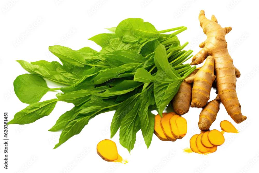 The rhizome (root) of Turmeric (Curcuma longa Linn) is sliced alongside green leaves and presented o