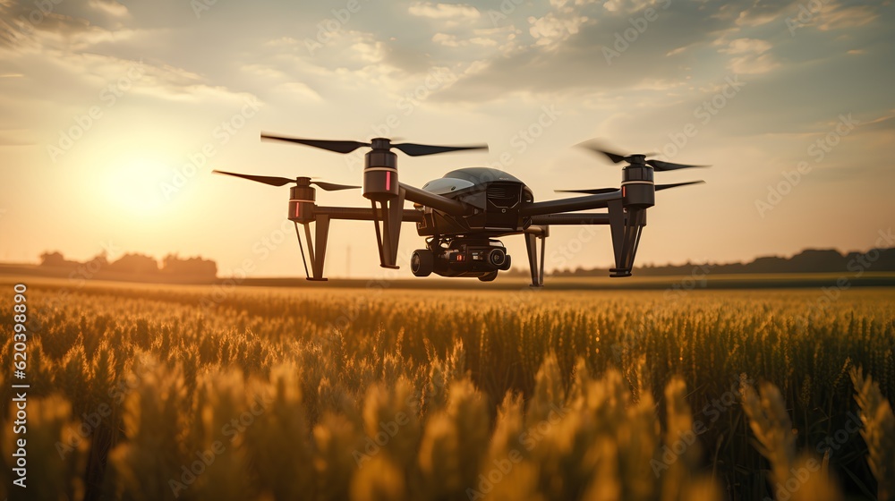 An advanced agricultural drone flies gracefully over a sprawling farm field, capturing imagery to en