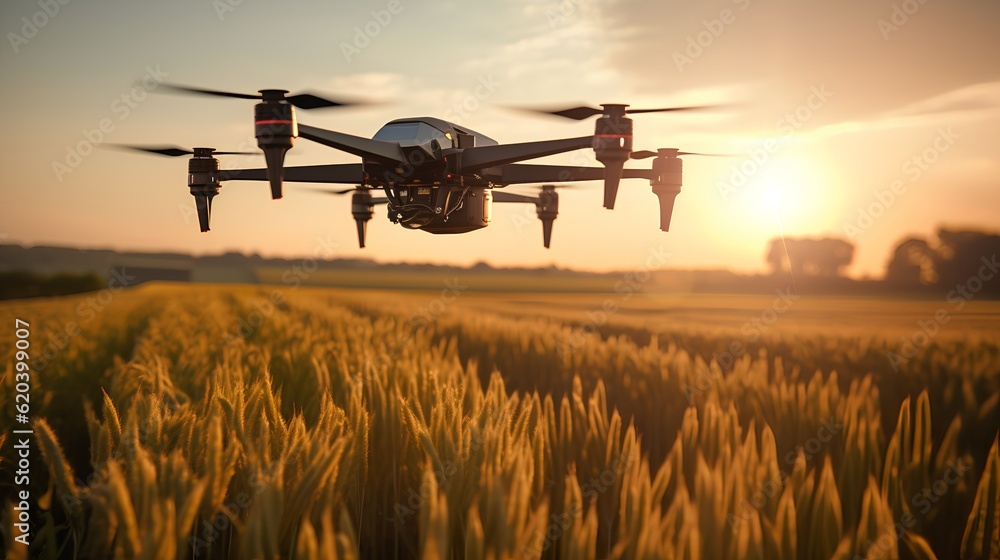 An advanced agricultural drone flies gracefully over a sprawling farm field, capturing imagery to en