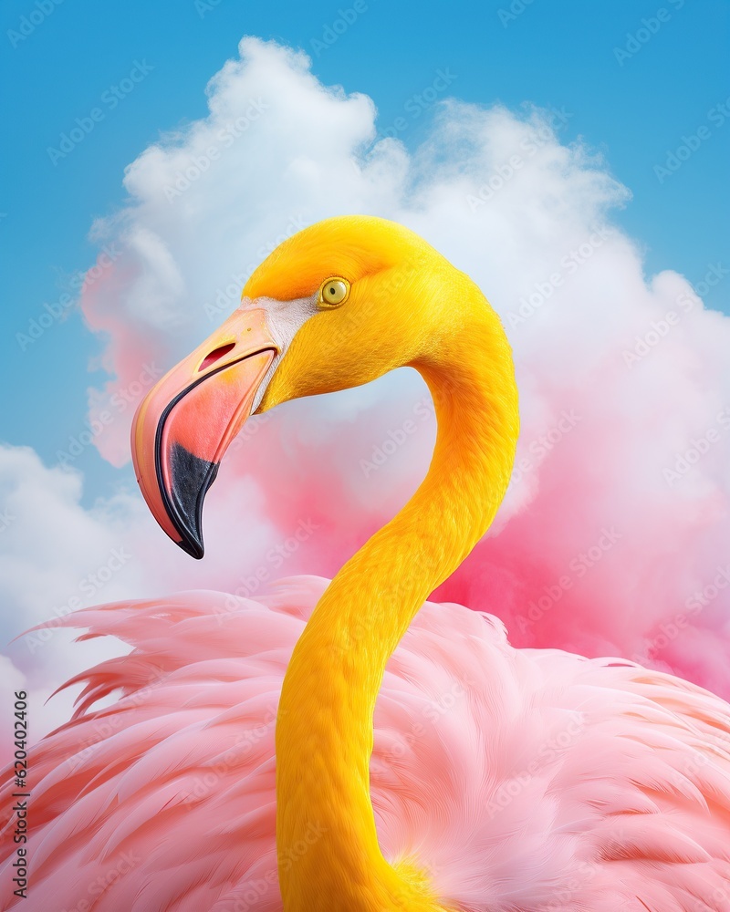 A vibrant yellow flamingo adorned with soft pink feathers stands out against the backdrop of a deep 