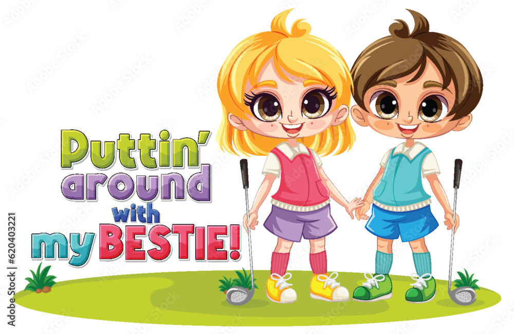 Cute kids playing golf in cartoon style