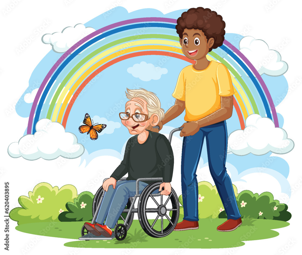 Male caregiver with grandmother on a wheelchair at the park