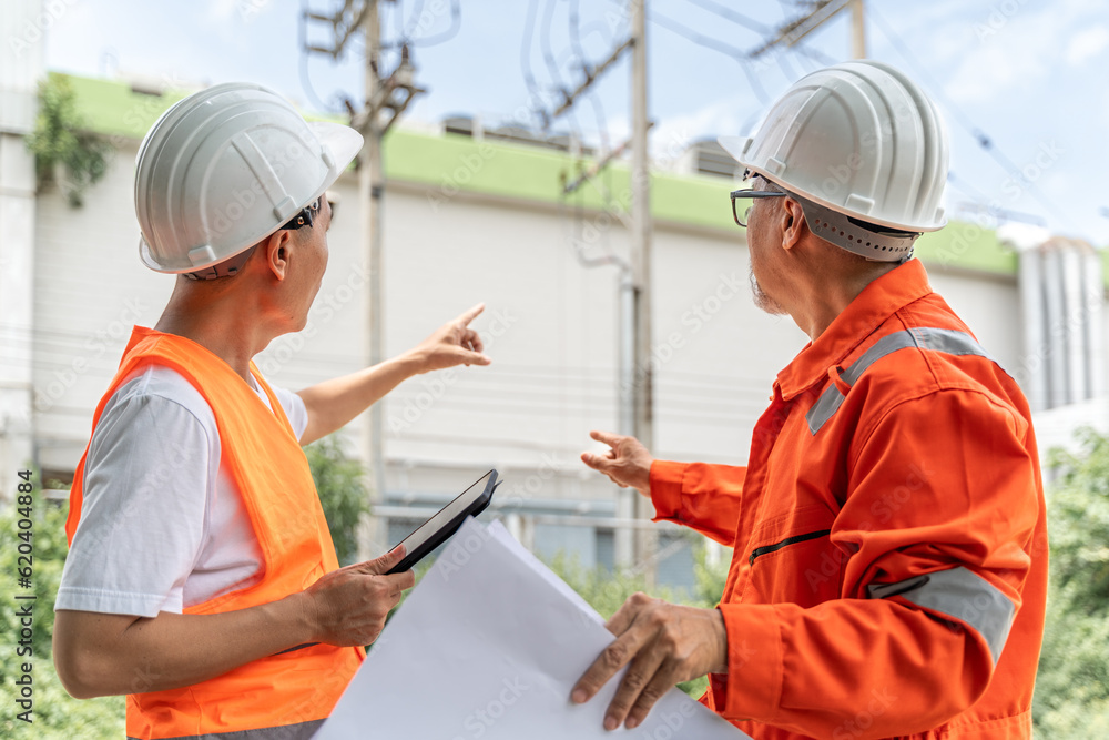 Back view of 2 male engineers or foremen in orange jumpsuit, safety vest and white hardhat, one hold