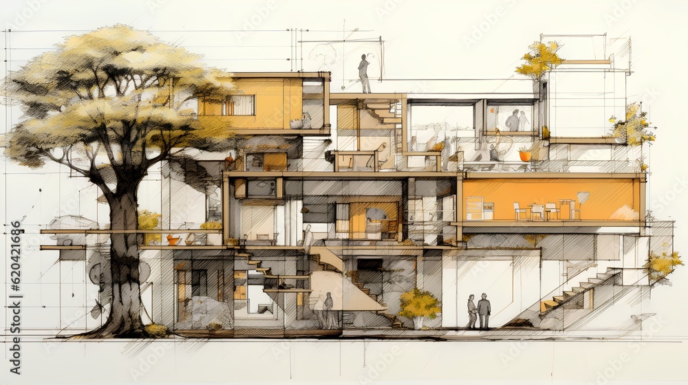 An intricate drawing depicts a sustainable project, showcasing eco-friendly design principles and in