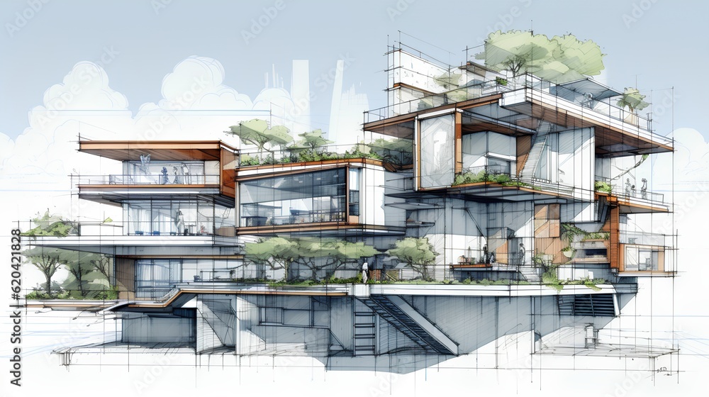 An intricate drawing depicts a sustainable project, showcasing eco-friendly design principles and in