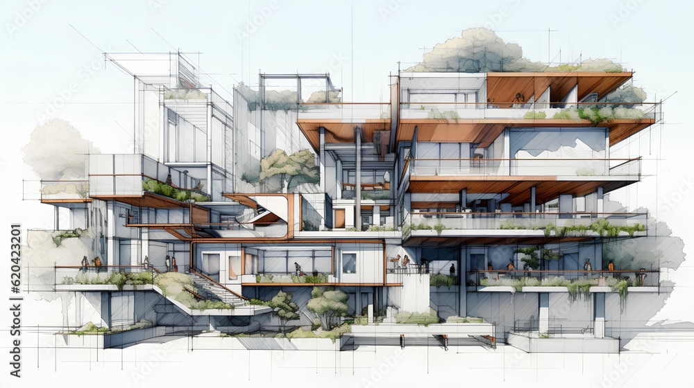 An intricate drawing depicts a sustainable project, showcasing eco-friendly design principles and in