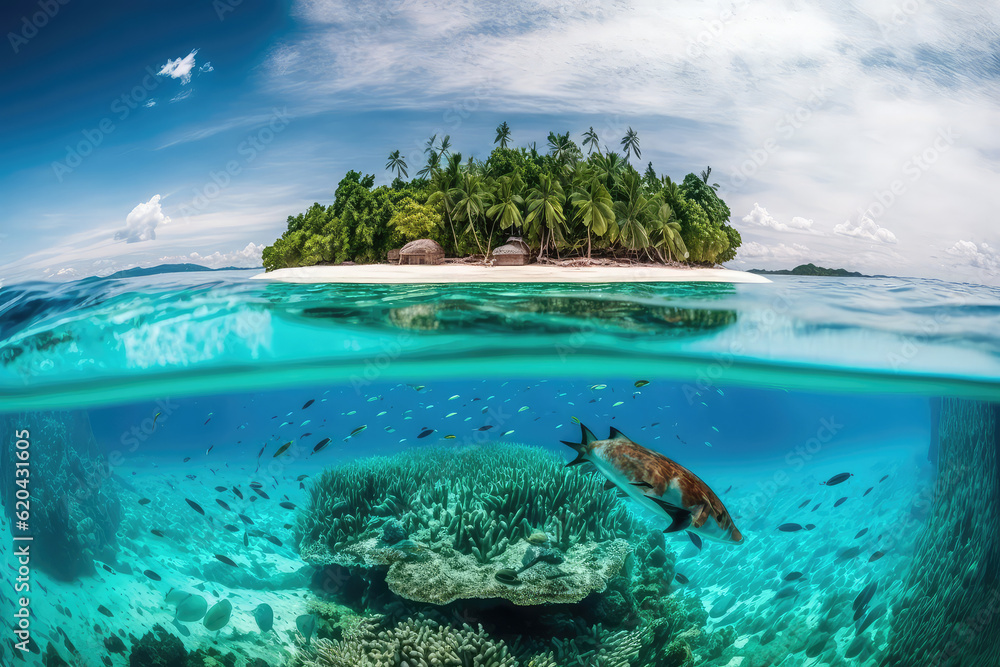 Tropical Island And Coral Reef - Split View With Waterline (ai generated)