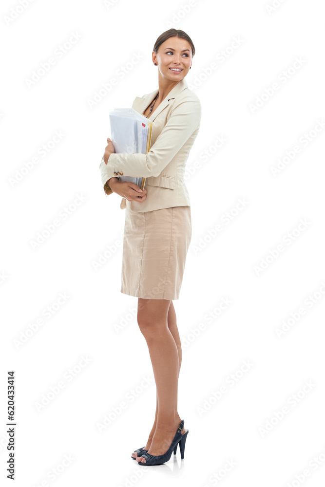 Documents, happy woman in administration business and standing isolated on transparent png backgroun