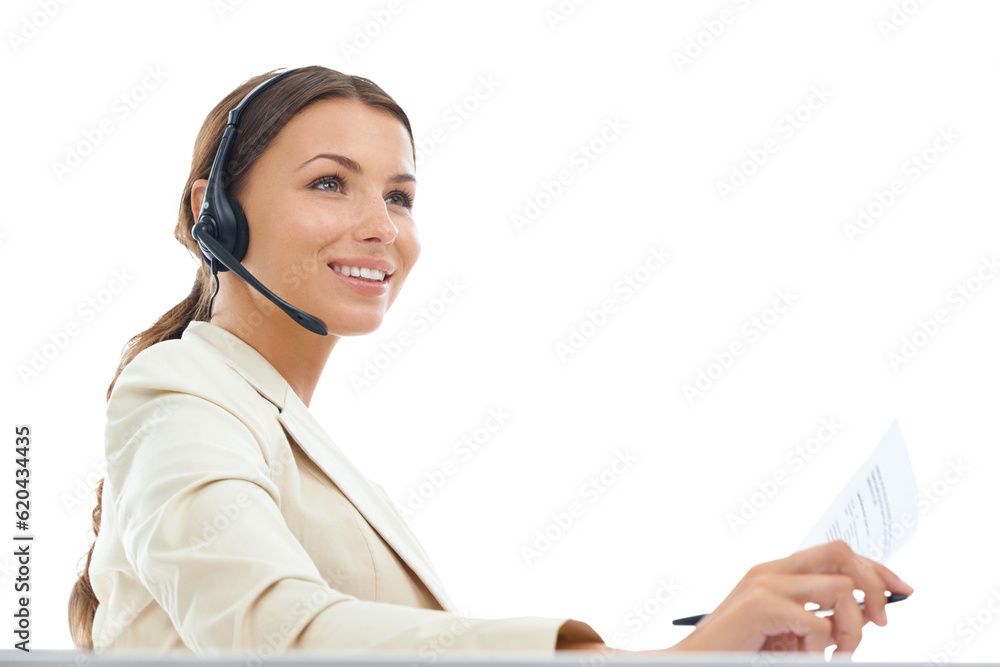 Call center, customer service and business woman with documents on png, isolated and transparent bac