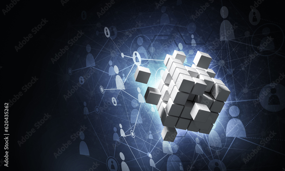 Concept of Internet and networking with digital cube figure on dark background