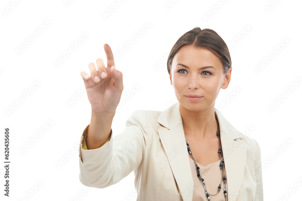 Finger, digital interface and business woman on png, isolated and transparent background for ui. Cor