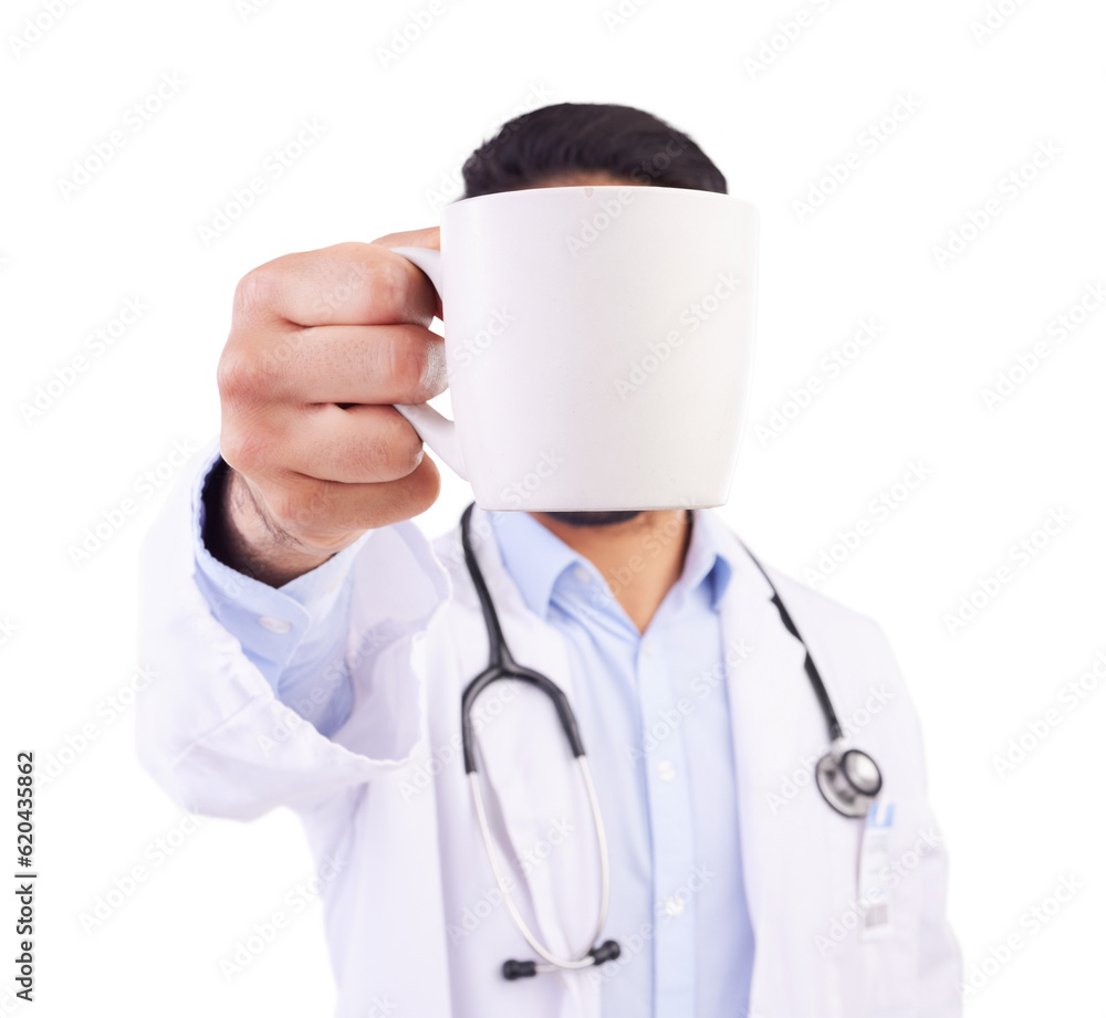 Hand, coffee and doctor on break, relax and morning routine isolated on transparent png background. 