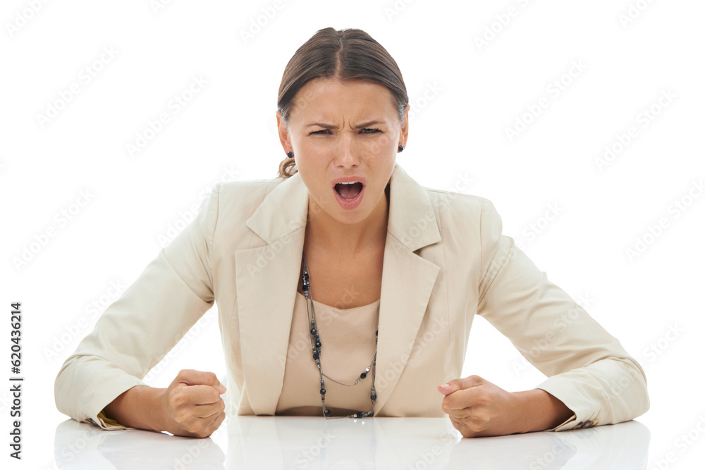 Business, stress and portrait of angry woman screaming at office job on isolated, transparent or png