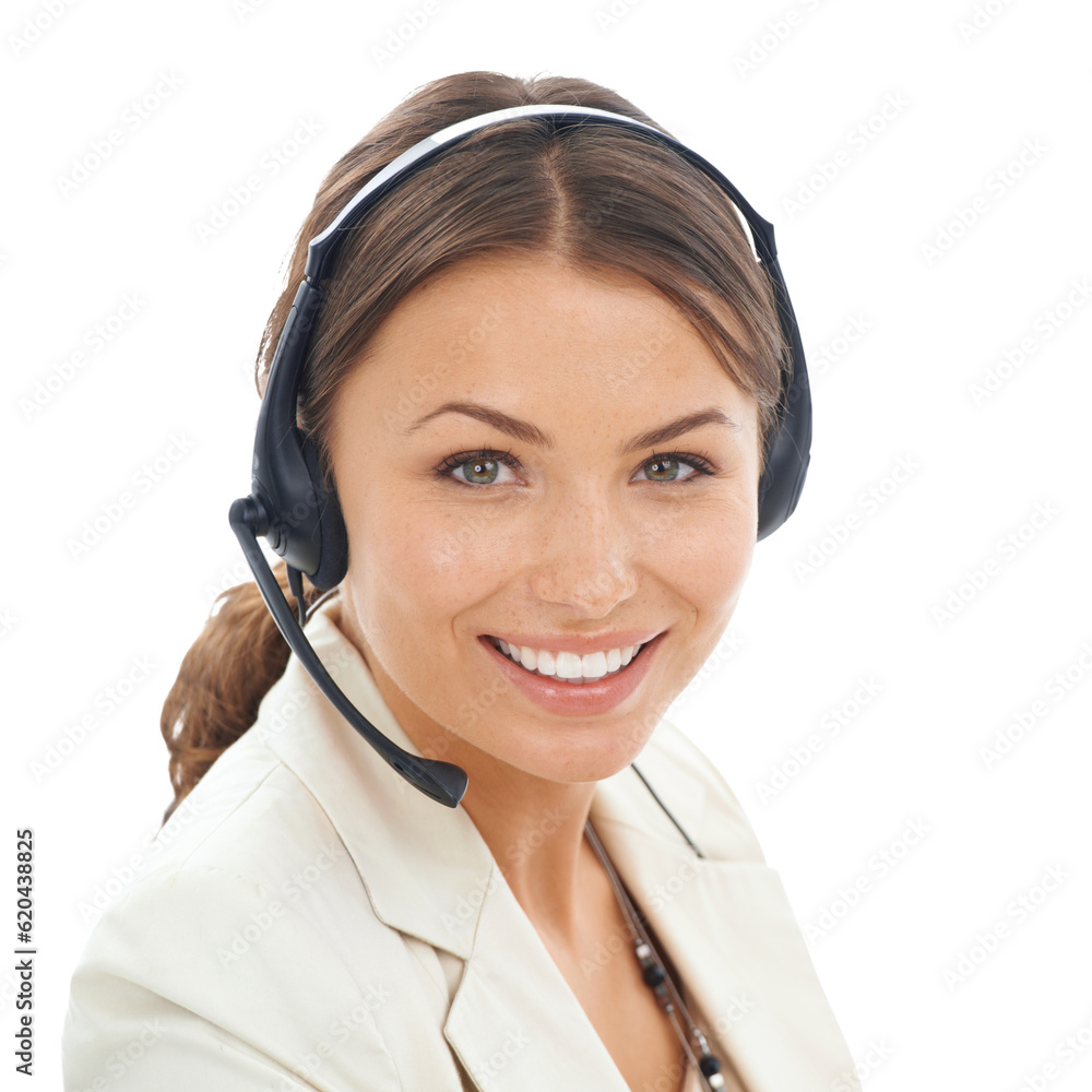 Call center, woman and portrait of consultant of customer service, contact us or isolated on transpa