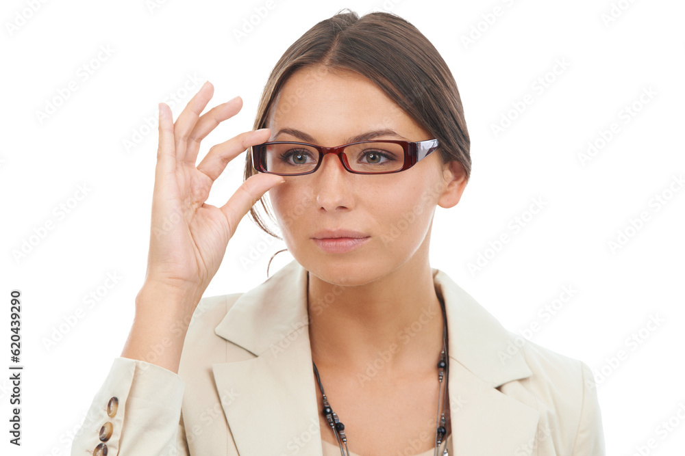 Vision, glasses and business woman with eyesight, optometry and isolated in a transparent or png bac