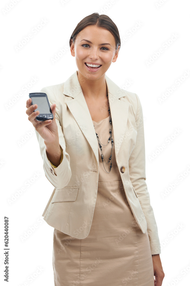 Happy business woman, portrait and phone for communication isolated on a transparent PNG background.