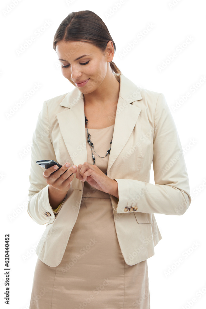 Business woman, typing and smartphone for social network, mobile contact or isolated on transparent 