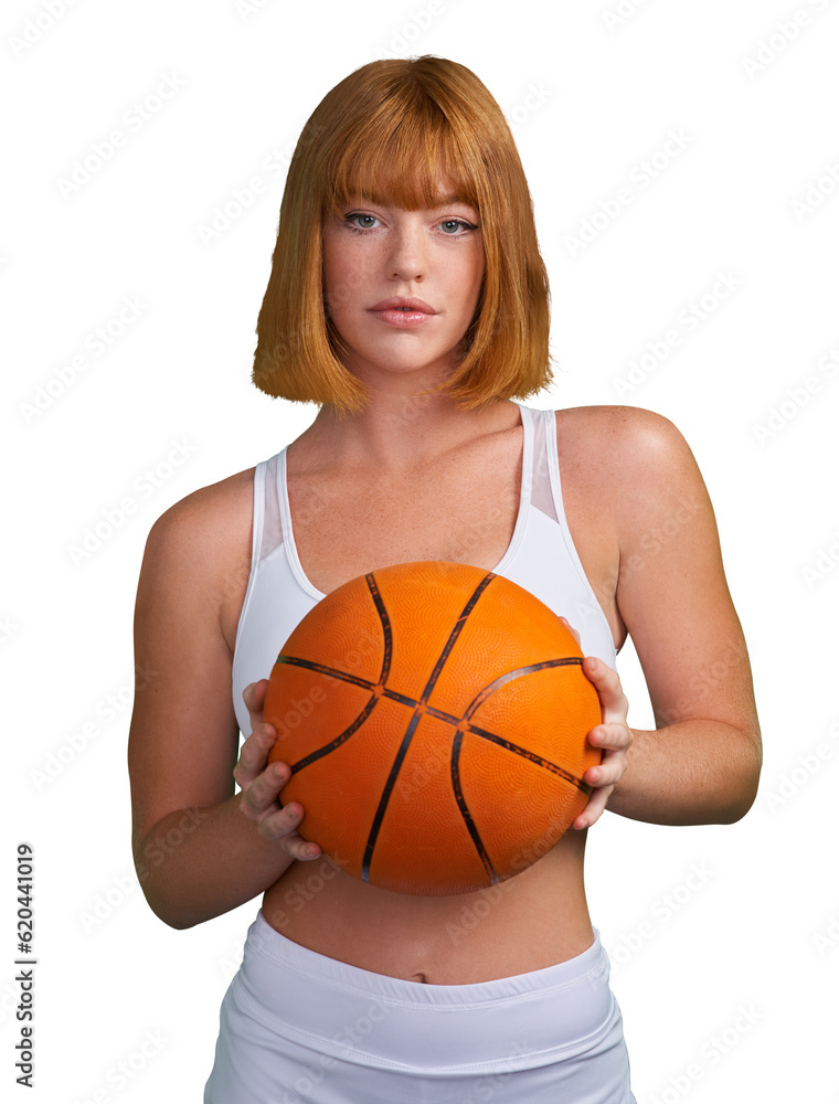 Basketball, serious portrait and woman in sports, exercise and performance isolated on transparent p