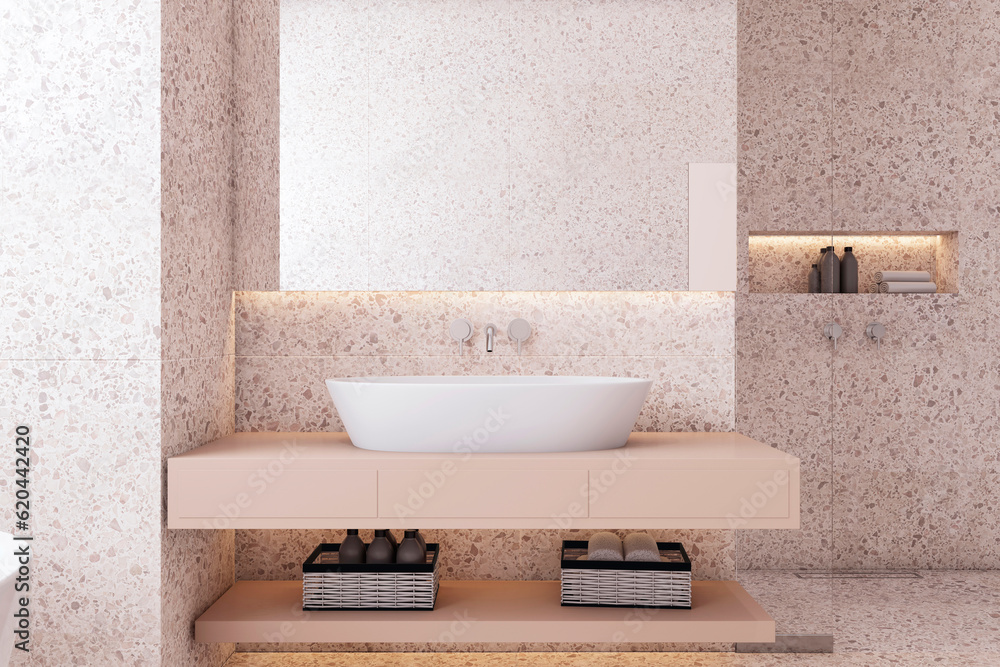 Front view of light modern bathroom interior design with tiles stone walls. 3D Rendering