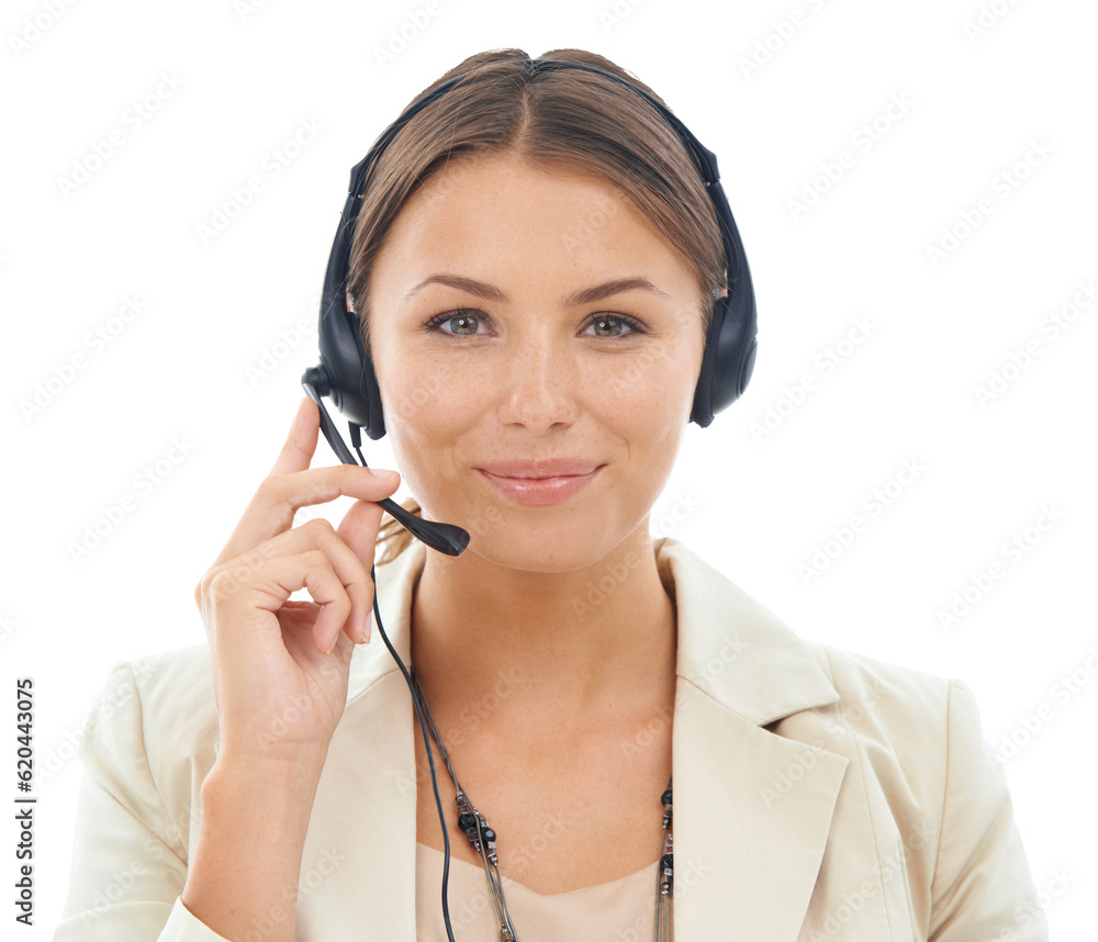 Call center, portrait and woman with headset with mic, CRM and communication with telecom on transpa