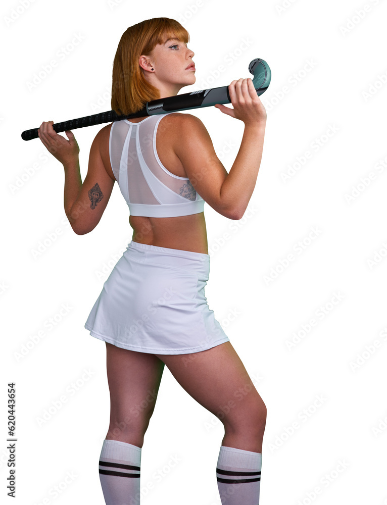 Hockey, career and woman athlete at training, exercise and workout isolated in a transparent or png 