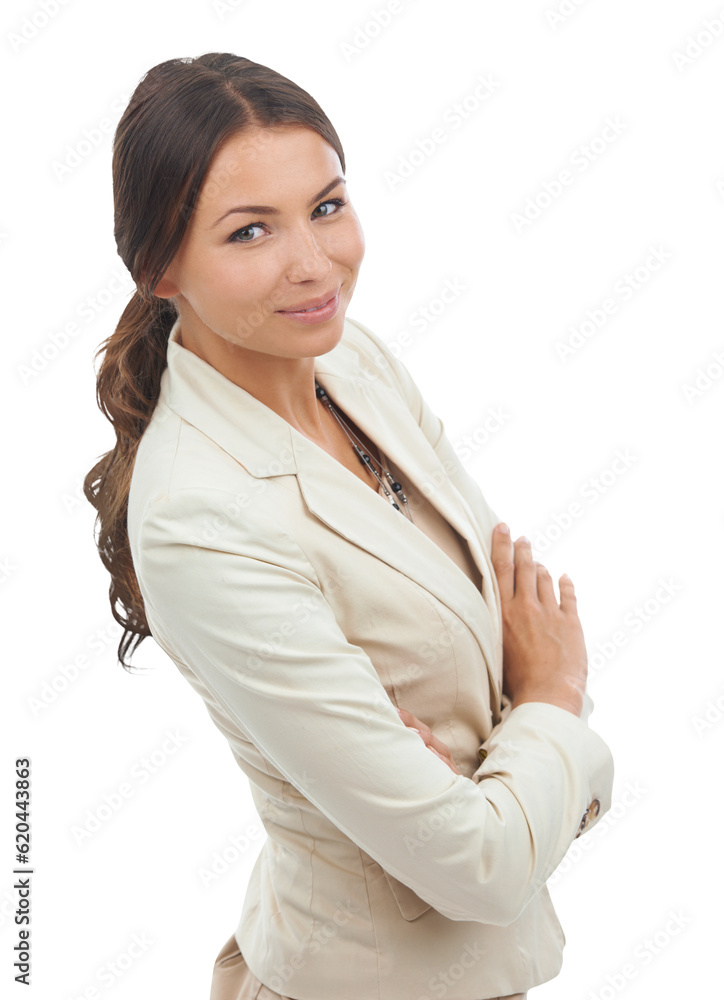 Corporate, crossed arms and portrait of business woman on png, isolated and transparent background. 