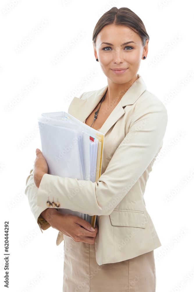 Business, portrait of happy woman with paperwork for administration at law firm isolated on transpar