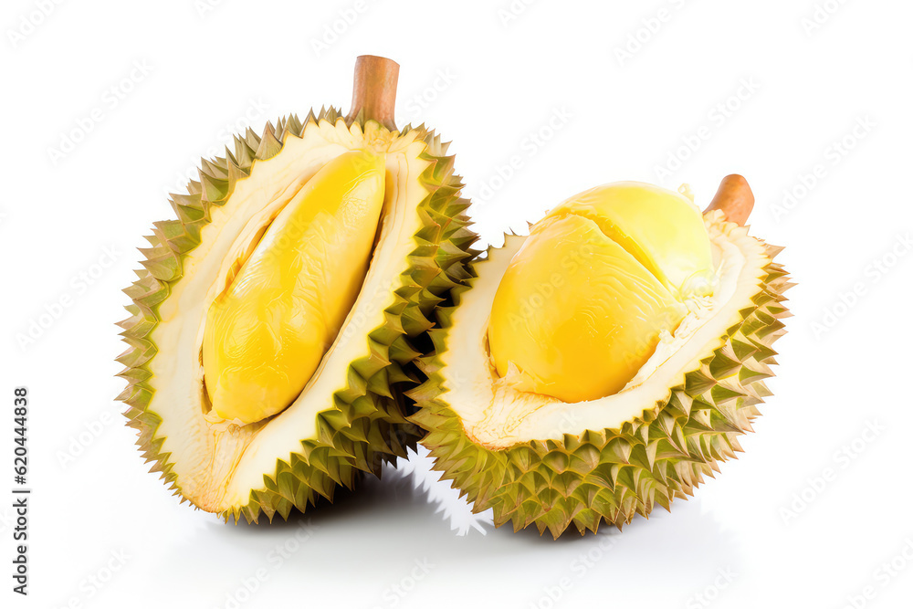 Durian fruit with cut in half isolated on white background. (ai generated)