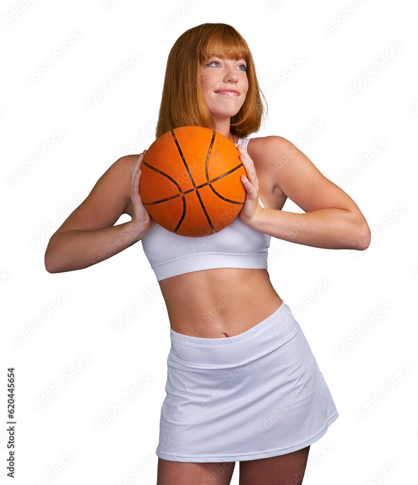 Basketball, woman and thinking of fitness, exercise and performance isolated on transparent png back