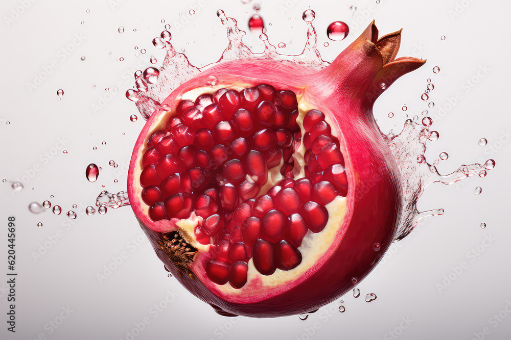  Pomegranate and sliced ​​pomegranate have splash pomegranate juice on a white background (ai genera