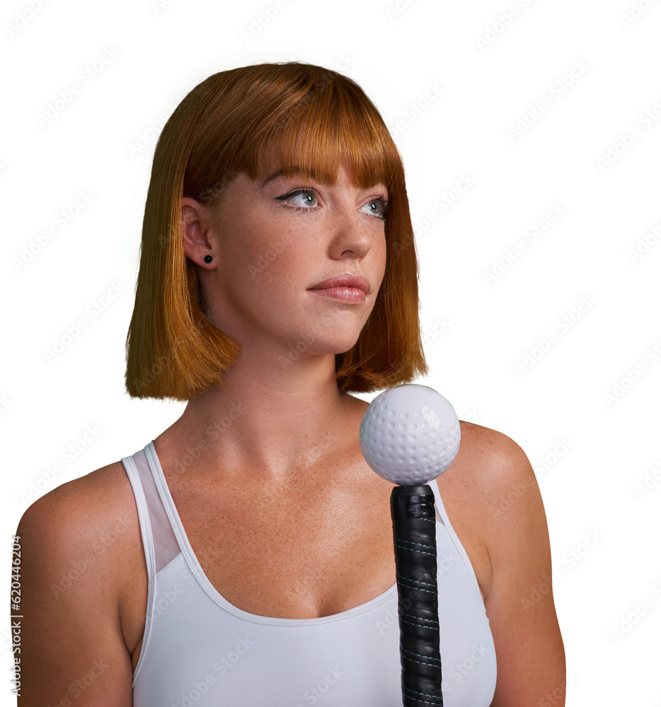 Hockey, thinking and woman athlete with fitness, exercise and workout isolated in a transparent or p