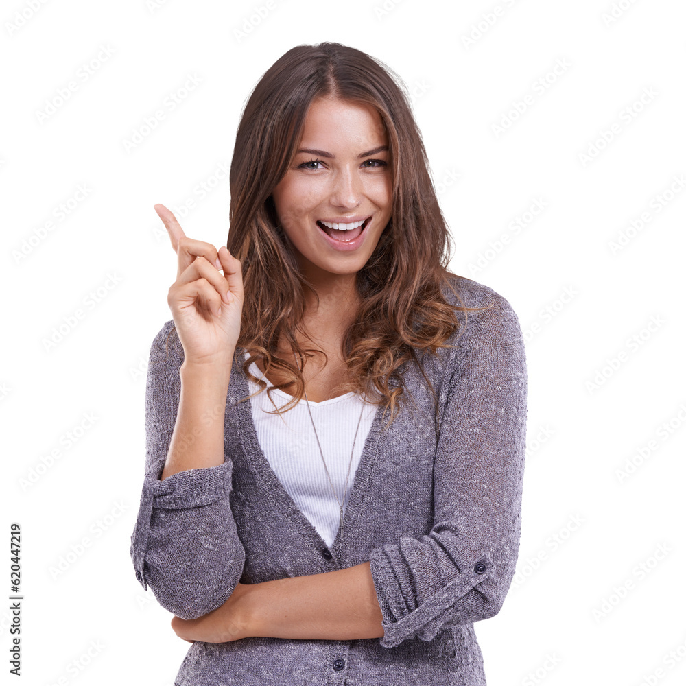 Pointing, fashion and portrait of woman for advertising on isolated, PNG and transparent background.