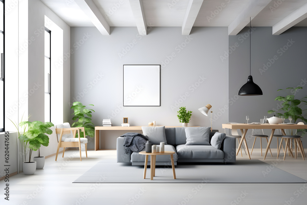 Minimalist white and grey living room, Scandinavian interior design, minimalism, wooden table and wh