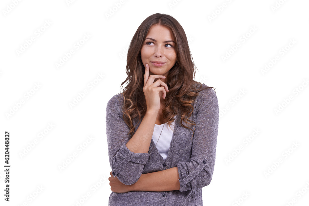 Thinking, idea and woman with choice and decision on isolated, png and transparent background. Adver